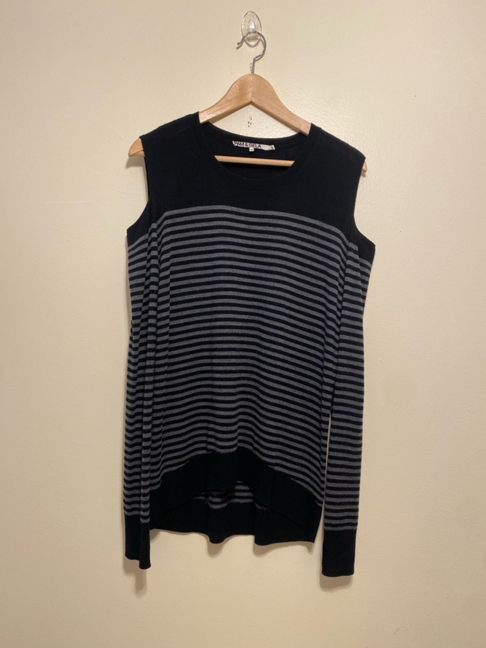 Pam & Gela WOOL CASHMERE Black and Gray Striped CUT SHOULDER SWEATER. Size M